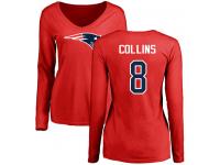 #8 Jamie Collins Red Football Name & Number Logo Slim Fit Women's New England Patriots Long Sleeve T-Shirt