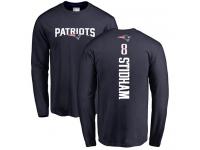 Men #8 Jarrett Stidham Navy Blue Football Backer New England Patriots Long Sleeve T-Shirt