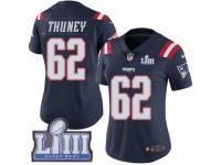 Women Nike New England Patriots #62 Joe Thuney Limited Navy Blue Rush Vapor Untouchable Super Bowl LIII Bound NFL Jersey