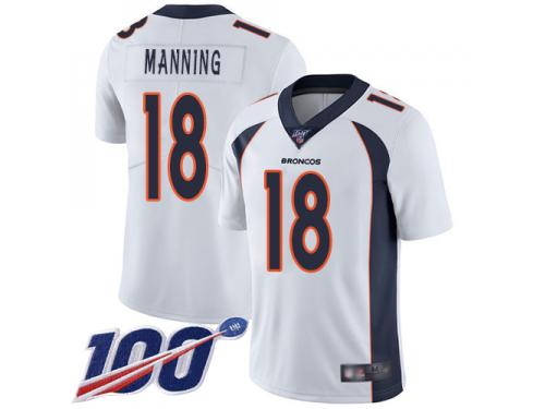 #18 Limited Peyton Manning White Football Road Men's Jersey Denver Broncos Vapor Untouchable 100th Season